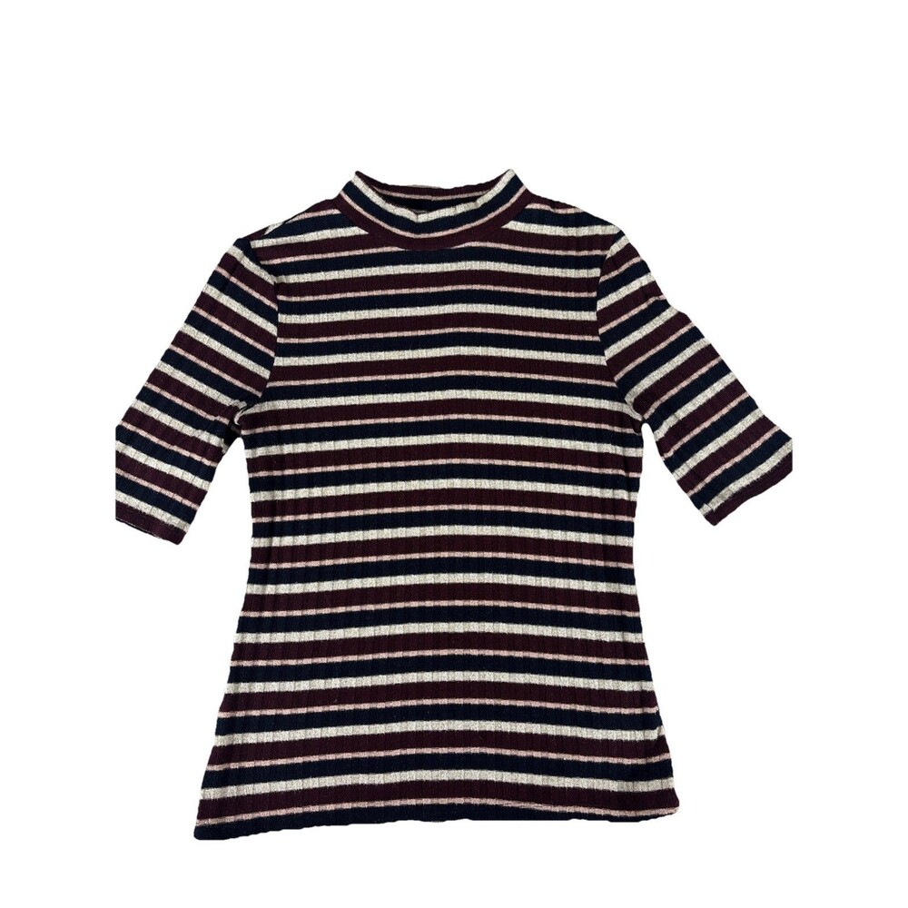 Day Trip Maroon Blue Metallic Striped Mock Neck Short Sleeve M Shirt Soft Grunge